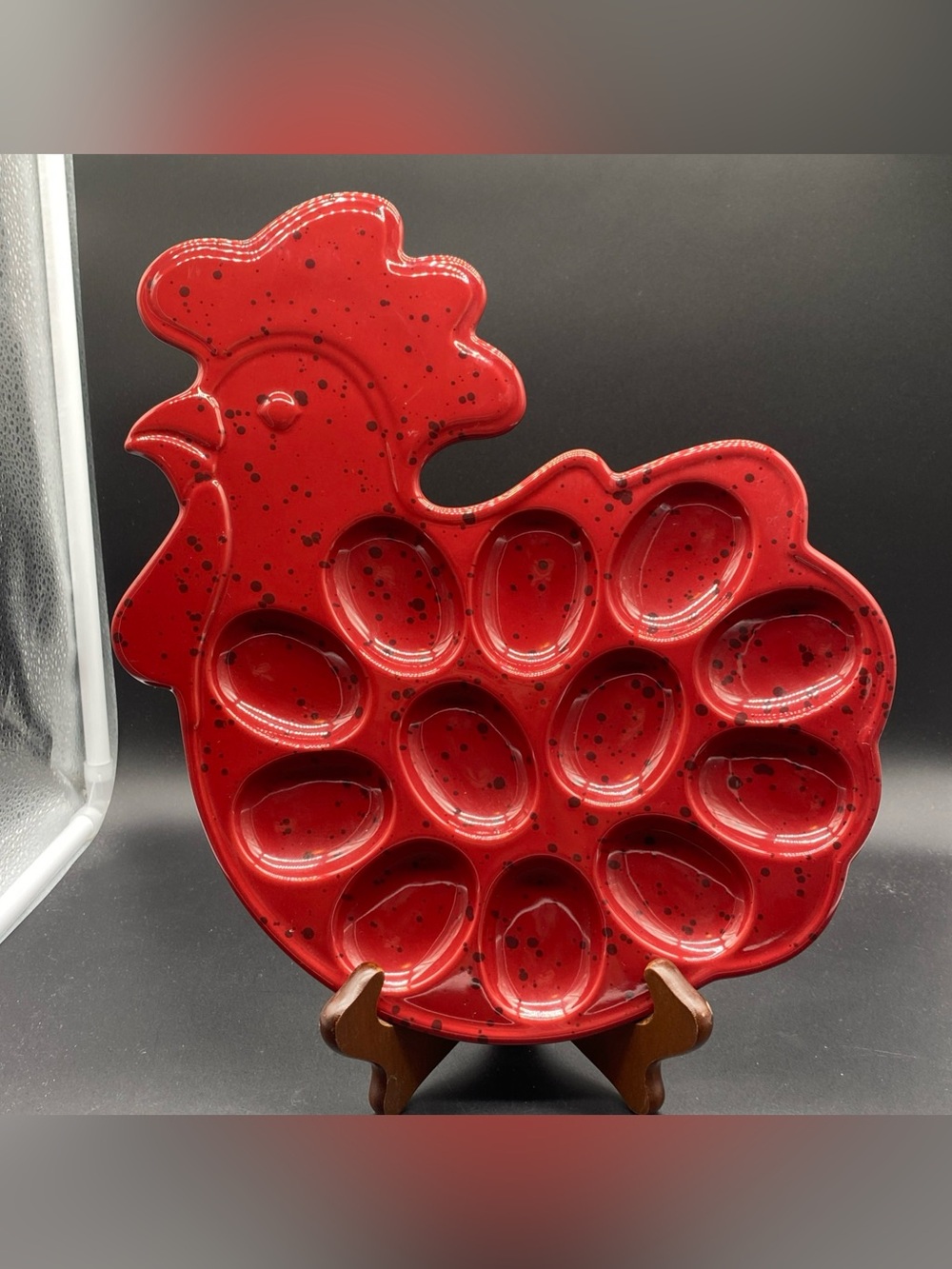 Red Ceramic Chicken Egg Tray - Decorative Deviled Egg Server-Holds 12 eggs